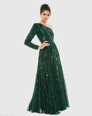 Green Sequined One Shoulder A Line Gown