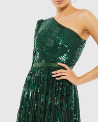 Green Sequined One Shoulder A Line Gown