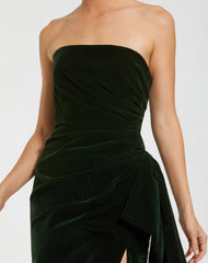 Green Strapless High Slit Draped Velvet Gown