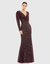 Red Puff Shoulder Sequined Surplice Gown