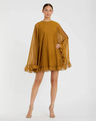 Dark Yellow High Neck Ruffle Hem Cape Mini Dress