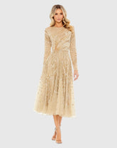 Beige Embellished Illusion High Neck Long Sleeve Dress