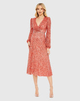 Red Sequined Puff Sleeve Wrap Over A Line Dress