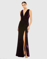 Purple Sleeveless Plunge Neck Pleated Velvet Gown