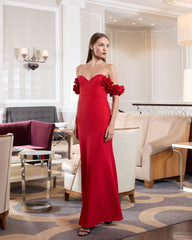 Red Crepe Off The Shoulder Gown With 3D Flowers