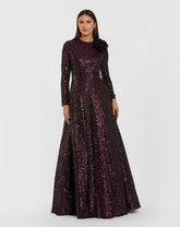 Dark Purple Long Sleeve Sequin Ball Gown With 3D Flower