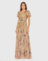 Gold Flounce Sleeve V Neck Gown