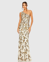 White and Gold Floral Beaded One Shoulder Gown
