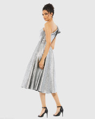 Silver One Shoulder Bow Midi Dress With Pockets