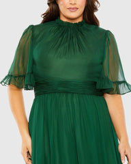 Green Ruffle Tiered High Low Flutter Sleeve Gown (Plus)