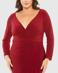 Red Long Sleeve V-Neck Faux Wrap Gown (Plus)