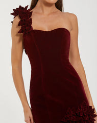 Dark Red Velvet One Shoulder Trumpet Gown With Flowers