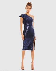 Navy Sequined Flutter One Shoulder Fitted Midi Dress