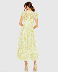 Yellow High Neck Ruffle Cap Sleeve Floral Dress