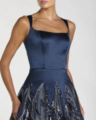 Navy Embellished Satin Ball Gown With Tulle Skirt