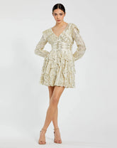 White and Gold Long Sleeve Ruched Ruffle Mini Dress