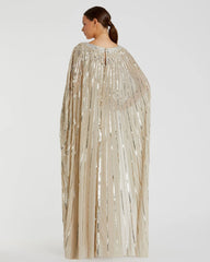 Gold Embellished Beaded Column Cape Gown