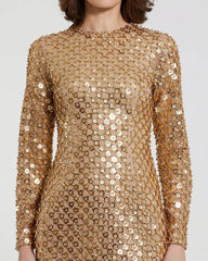 Gold Beaded Georgette Long Sleeve Fitted Midi Dress