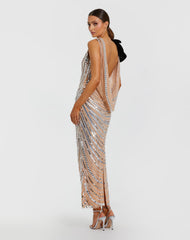 Silver Nude Sequin Cowl Midi Dress with Velvet Flower
