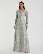 Green Floral Embroidered Illusion Long Sleeve Gown