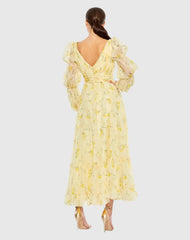 Yellow Floral Print Chiffon Illusion Tiered Puff Dress