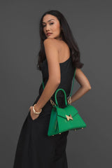 Green Angular Small Leather Handbag With Gold Hardware