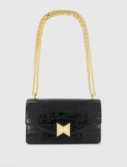 Black Crocodile Leather Shoulder Bag With Gold Hardware