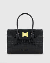 Black Crocodile Leather Tote Bag With Gold Hardware