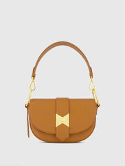 Brown Grain Leather Saddle Bag With Gold Hardware