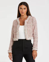 Multicolor Pearl Trim Long Sleeve Cropped Jacket
