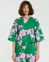 Green Printed Crepe 3/4 Bell Sleeve High Neck Top - FINAL SALE