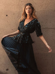 Black Sequined Puff Sleeve Faux Wrap Top - FINAL SALE