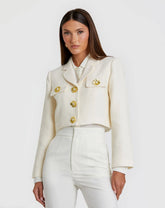 White Cropped Tweed Floral Button Jacket - FINAL SALE