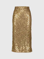 Gold Georgette Embellished Fitted Midi Pencil Skirt