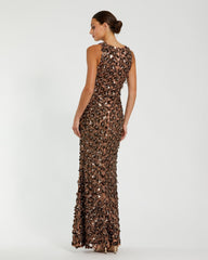 Brown Sleeveless Sequin Fringe Column Gown