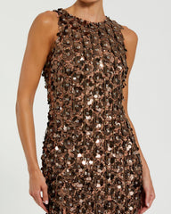 Brown Sleeveless Sequin Fringe Column Gown
