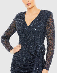 Navy Long Sleeve V-Neck Sequin Dress - FINAL SALE