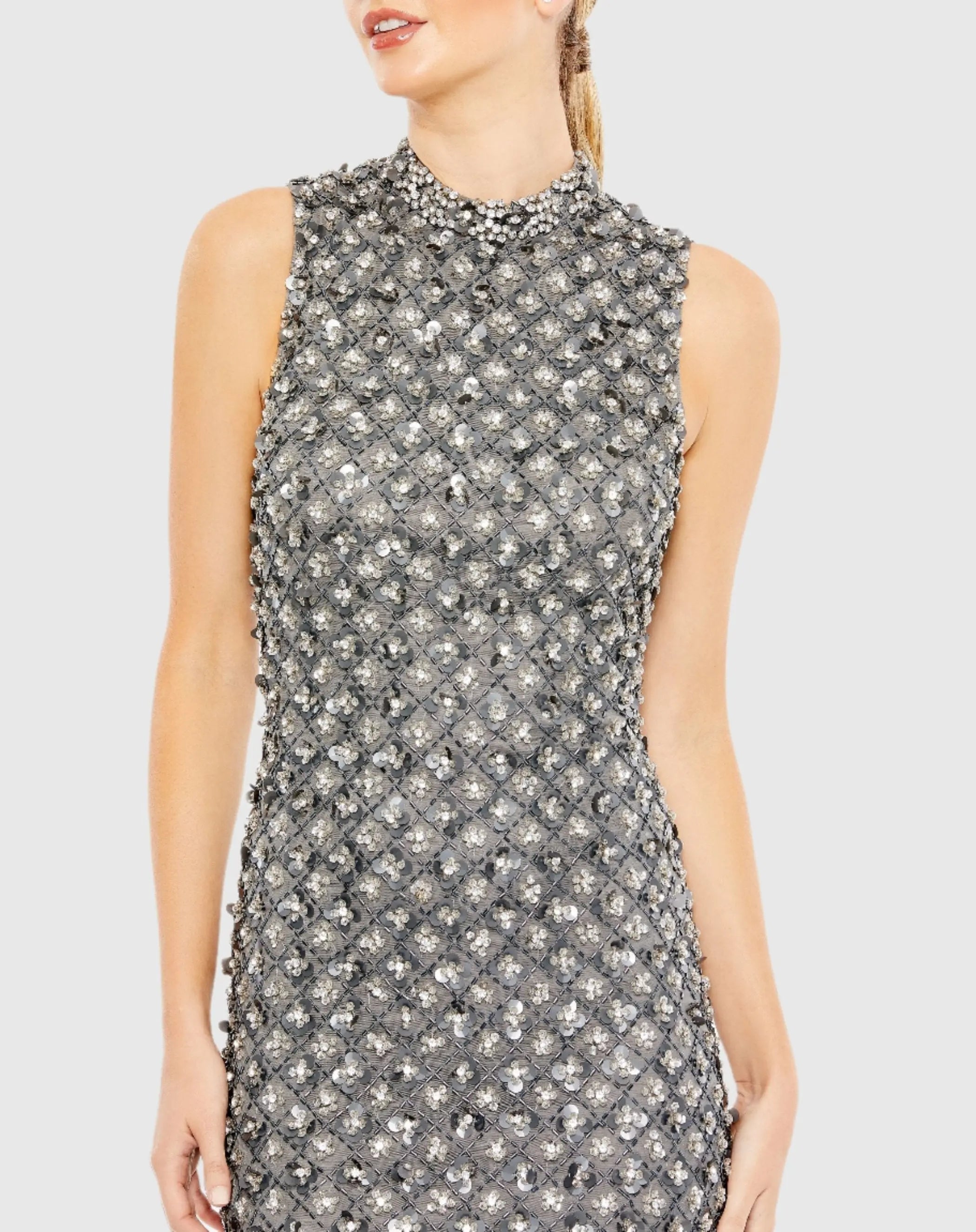 Gray Embellished High Neck Sleeveless Sheath Dress - FINAL SALE