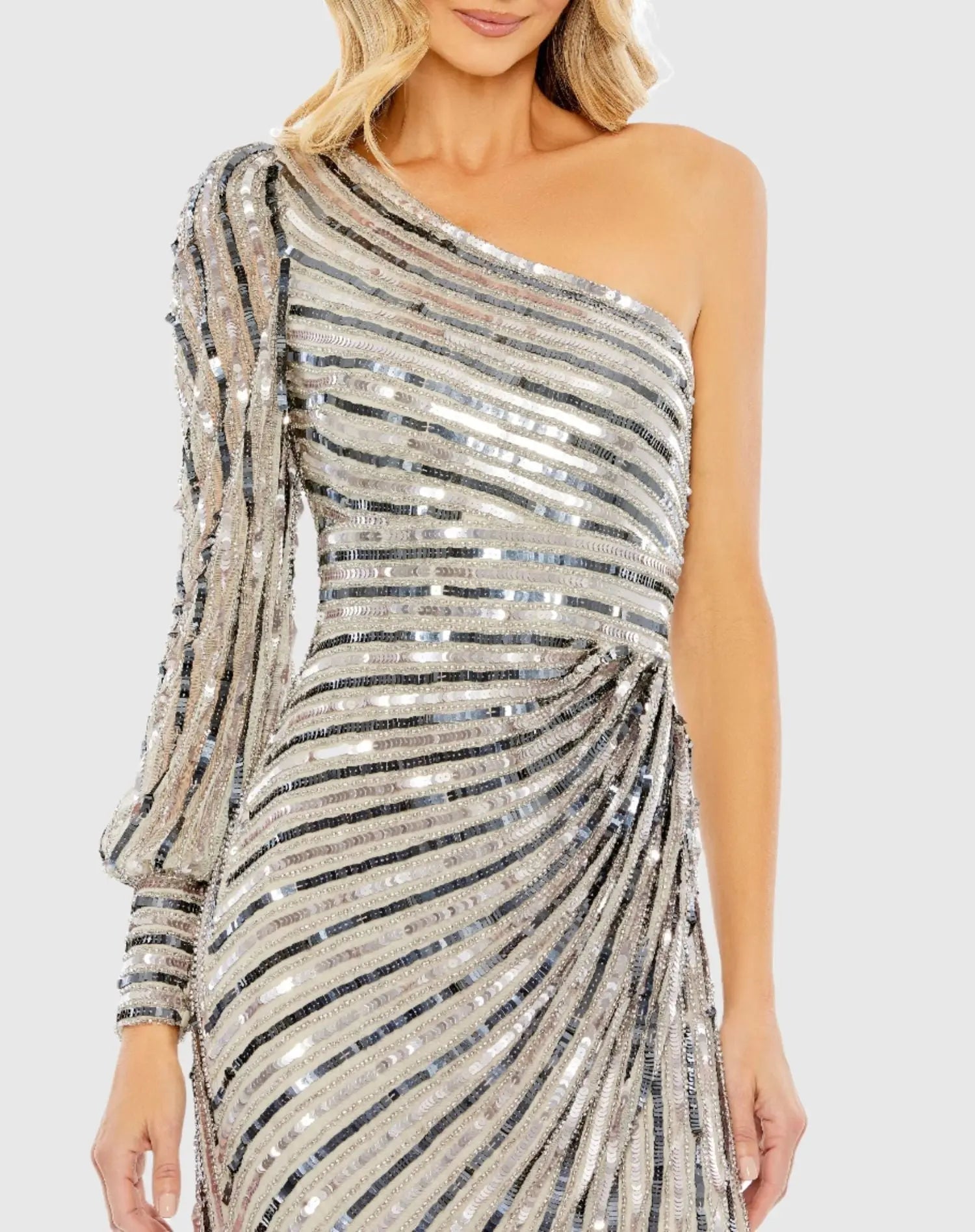 Silver Asymmetrical One Shoulder Sequin Gown