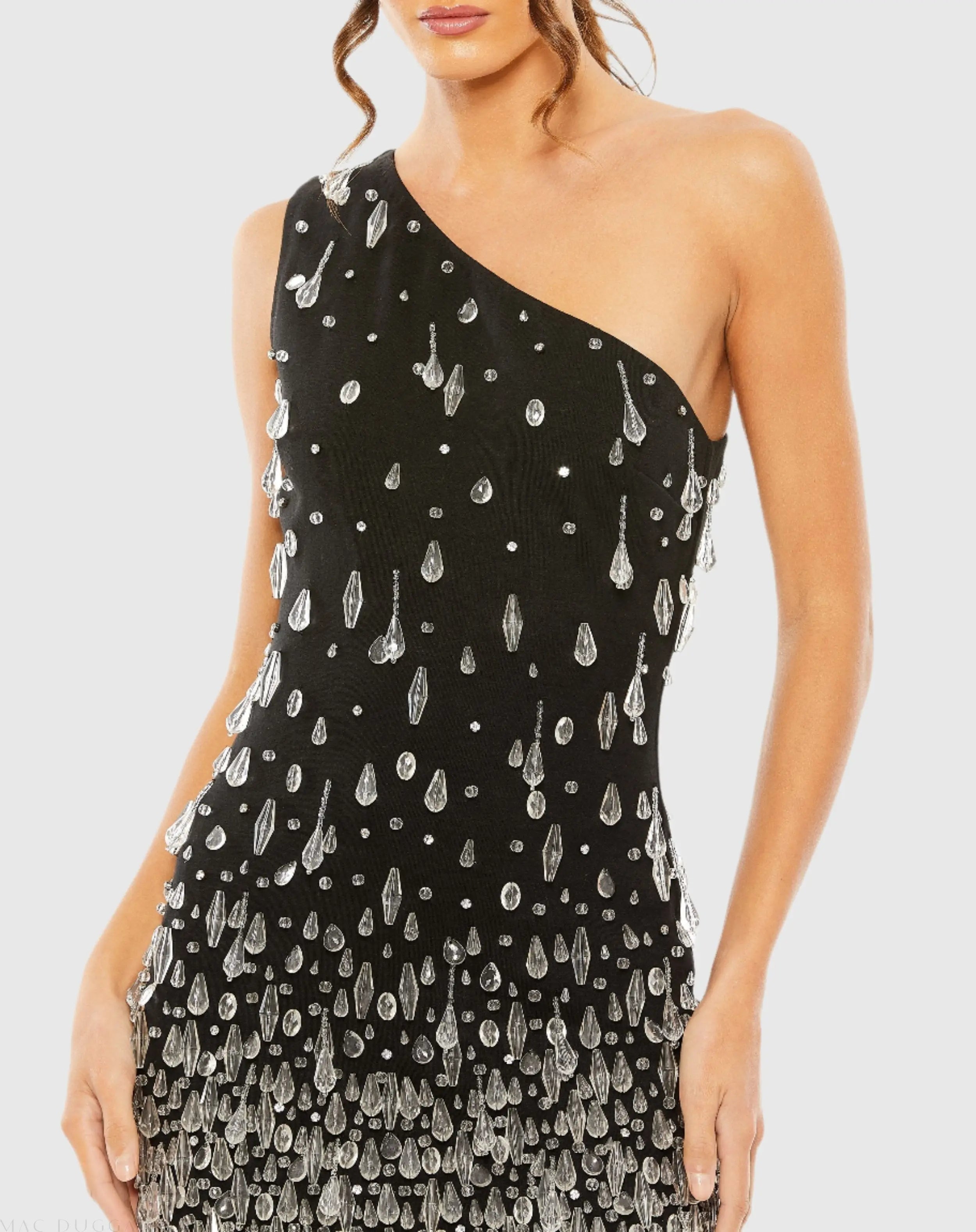 Black One Shoulder Crystal Drop Dress