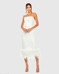 White Strapless Dress with Feather Trim