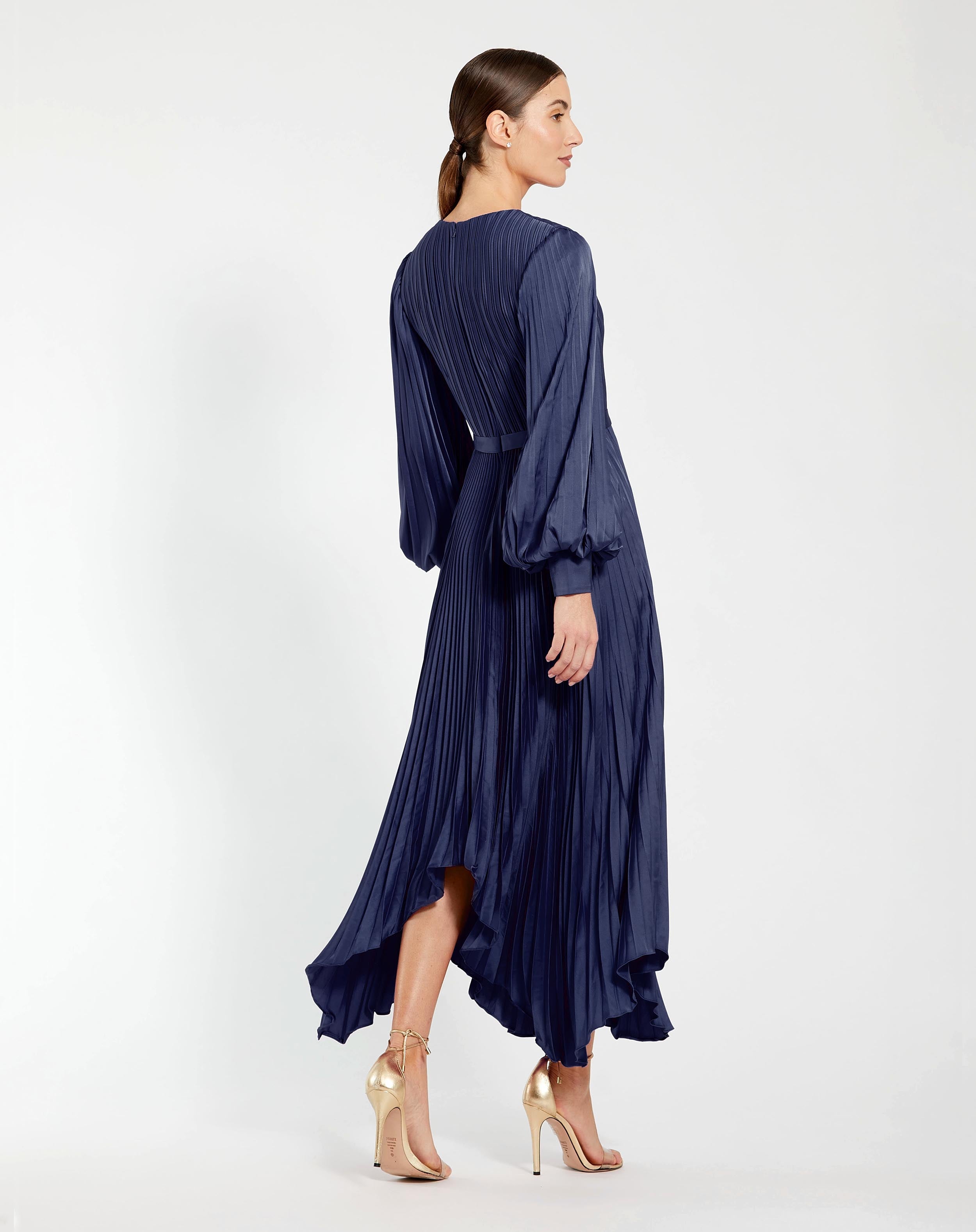 Navy Long Sleeve Pleated Charmeuse Handkerchief Dress