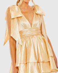 Gold Oversized Bow Deep V Ruffle Mini Dress