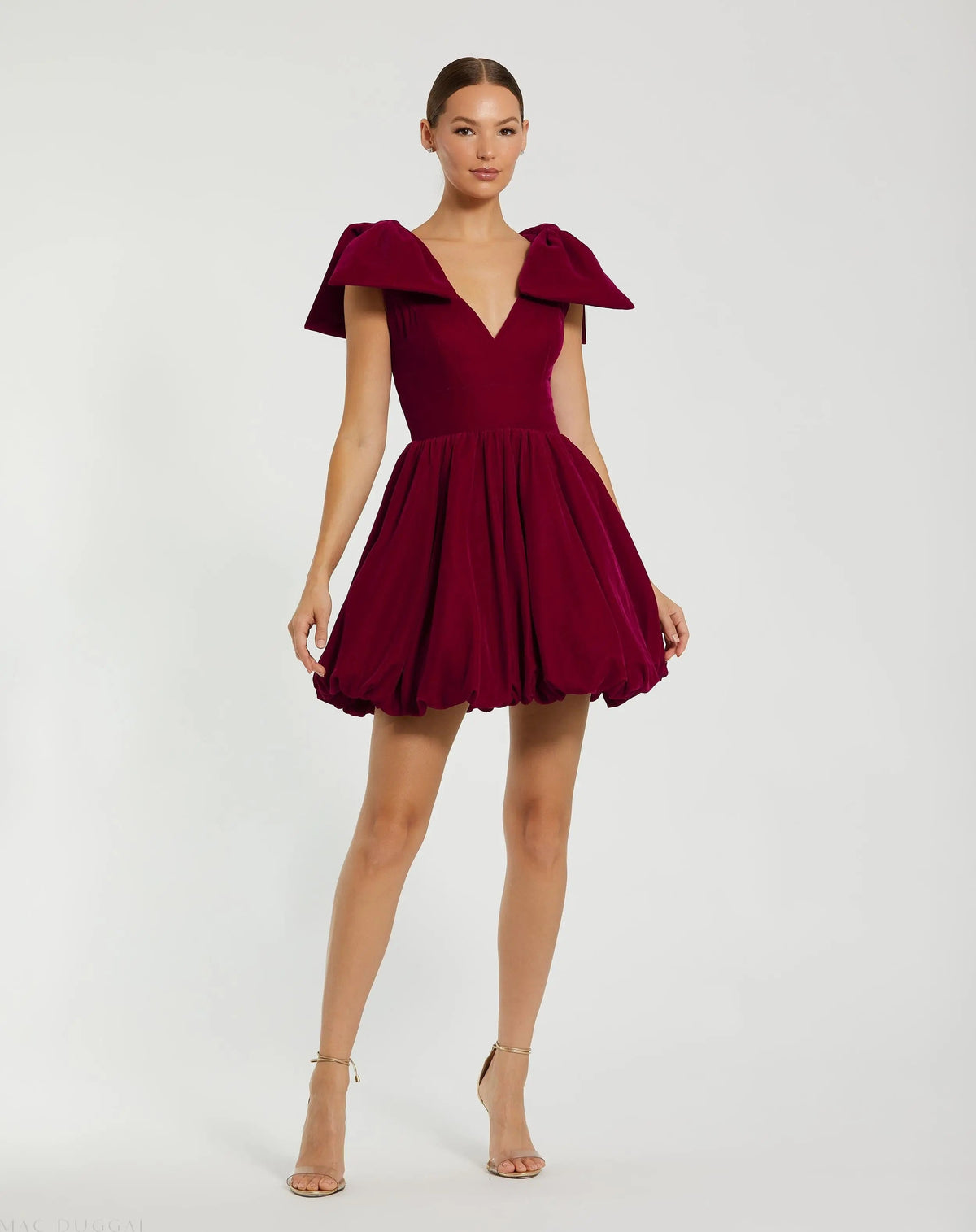 Red Velvet Shoulder Bow Bubble Mini Dress