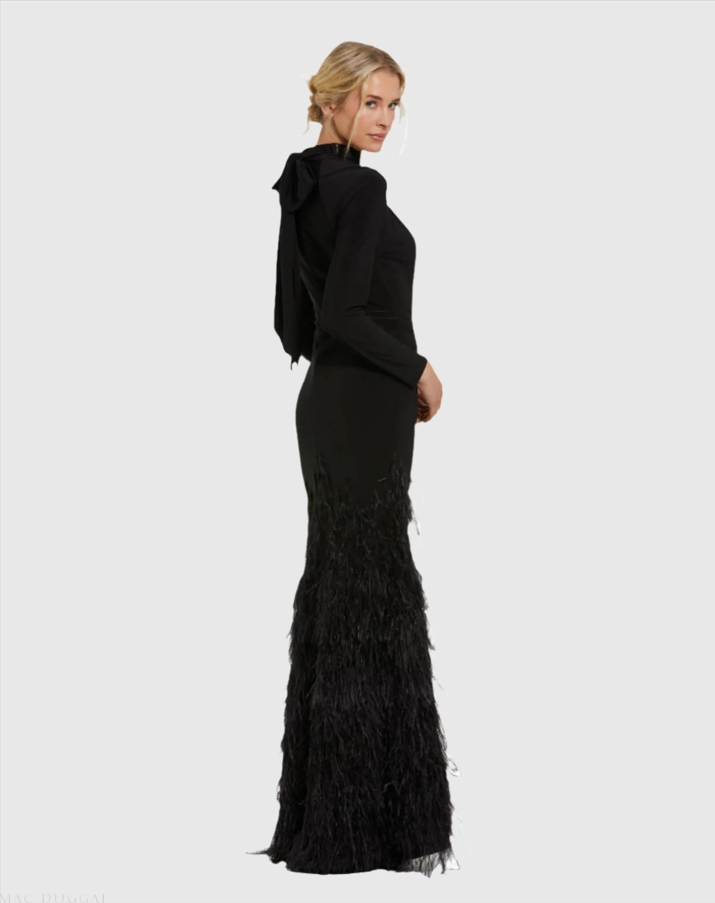 Black Jersey Long Sleeve High Neck Feather Gown