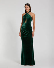 Green Twist Neck Open Front Velvet Draped Gown