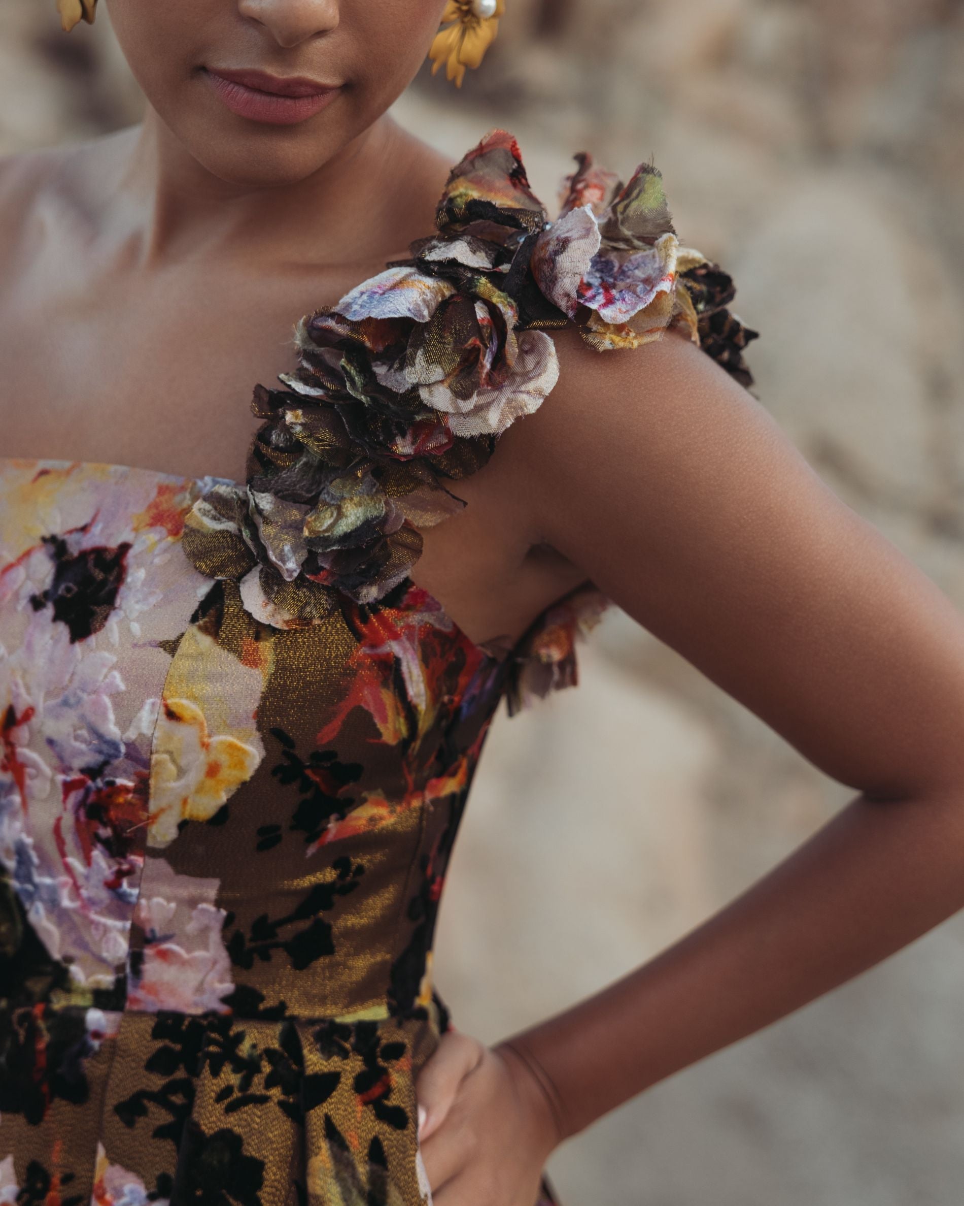 Multicolor One Shoulder Floral Velvet Ball Gown