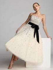 White Embellished Strapless Midi Dress with Velvet Bow