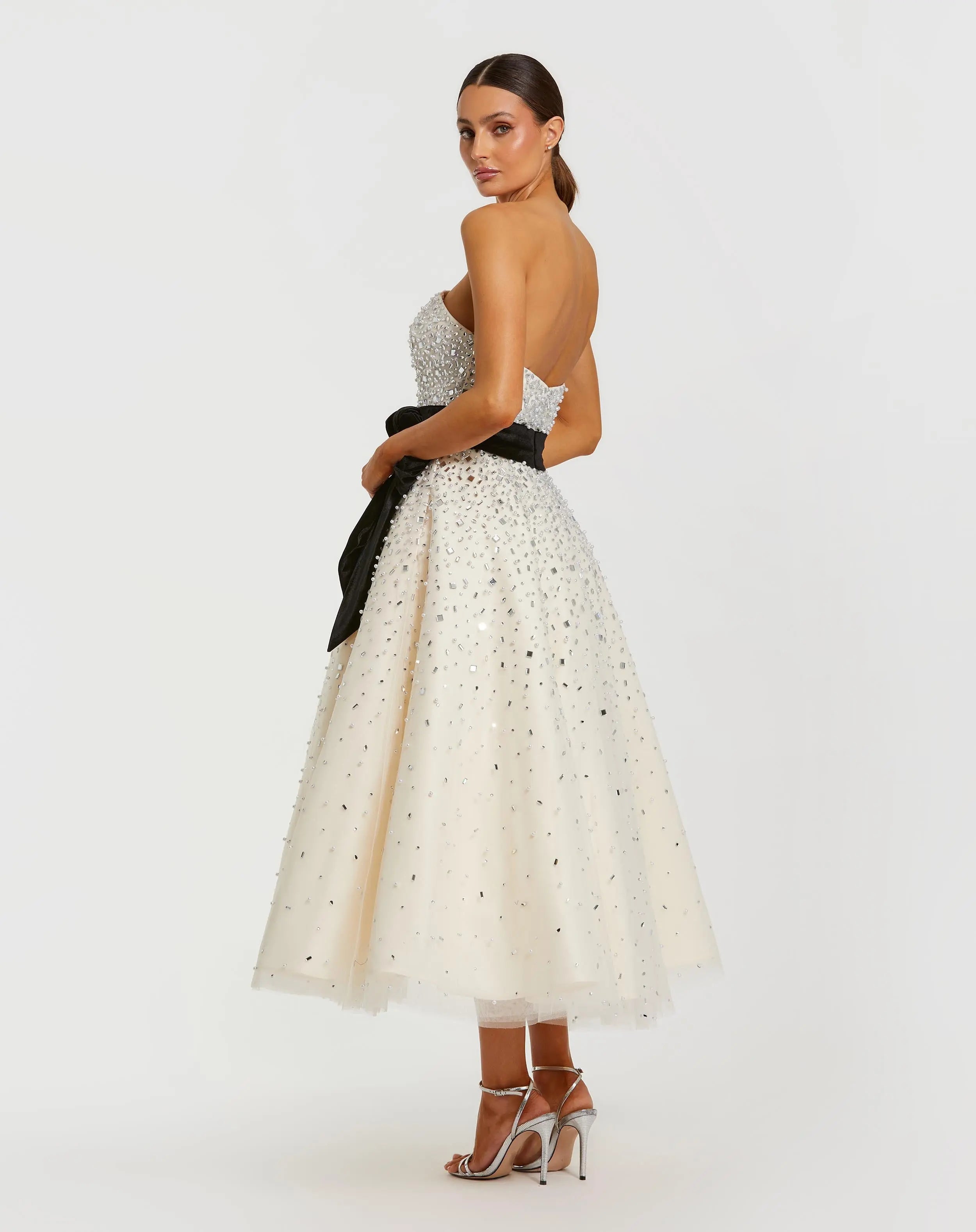 White Embellished Strapless Midi Dress with Velvet Bow