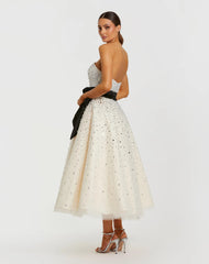 White Embellished Strapless Midi Dress with Velvet Bow